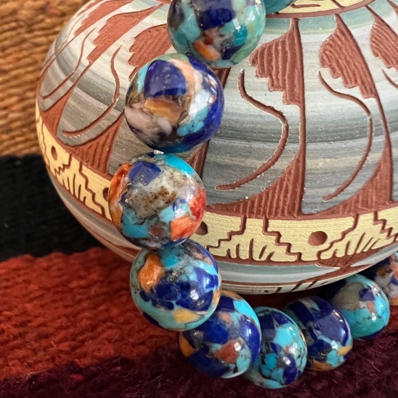 ❤️ Turquoise Spiny Oyster Lapis Composite Stretch Bracelet 12mm Sz 7 Adjustable - Picture 4 of 10